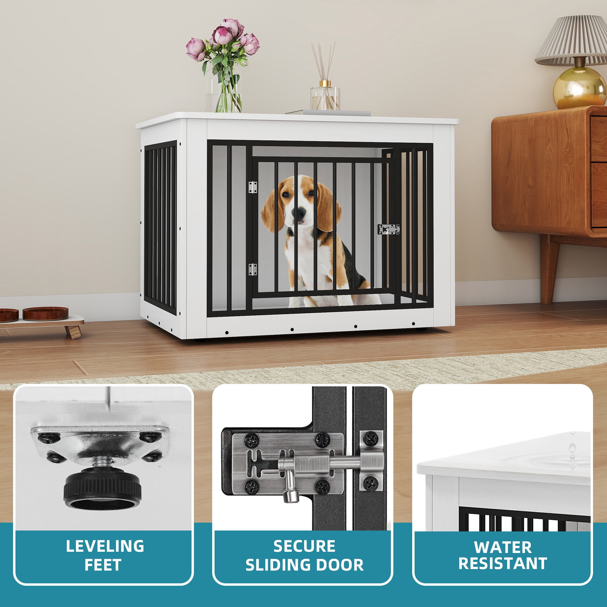 Uforic 38 Inch Wooden Dog Crate Table, Waterproof Top & Safe Round Edge, Multi-Purpose End Table Dog House for Medium Dogs, White