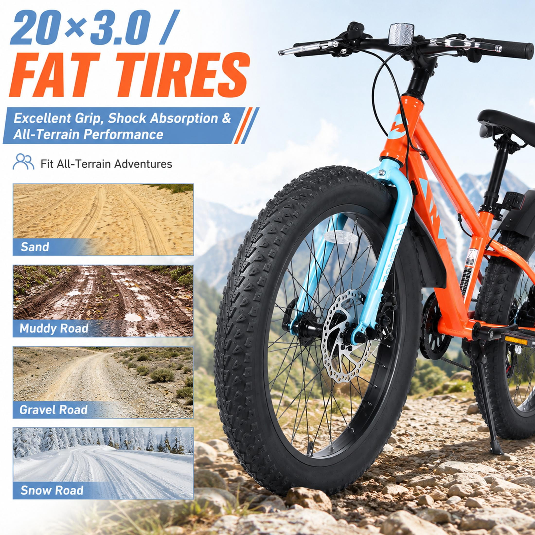 20 Inch Kids Mountain Bike with 3.0 Fat Tires, 7-Speed Drivetrain and Dual Disc Brakes, High-Carbon Steel Frame Children’s Bicycle for Boys and Girls Ages 5-12, Orange
