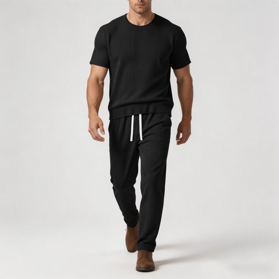 PNTUTB Summer Men's Two-Piece Set Fashion Loose Round-Neck Short-Sleeve T-Shirt Lightweight Drapey Breathable Casual Ice-Silk Drawstring Pants Sports Set