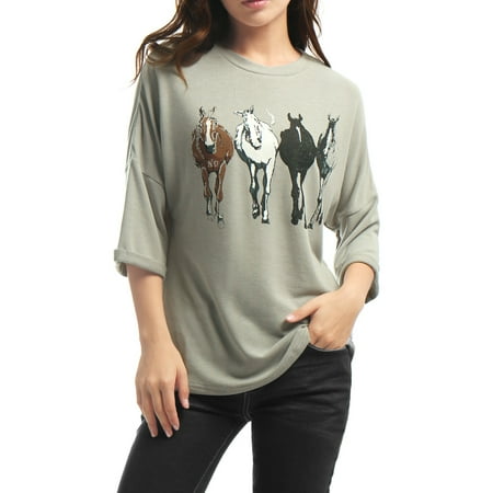 Unique Bargains Crew Neck Dolman Sleeve Horse Print Shirt Loose Top (Women's)