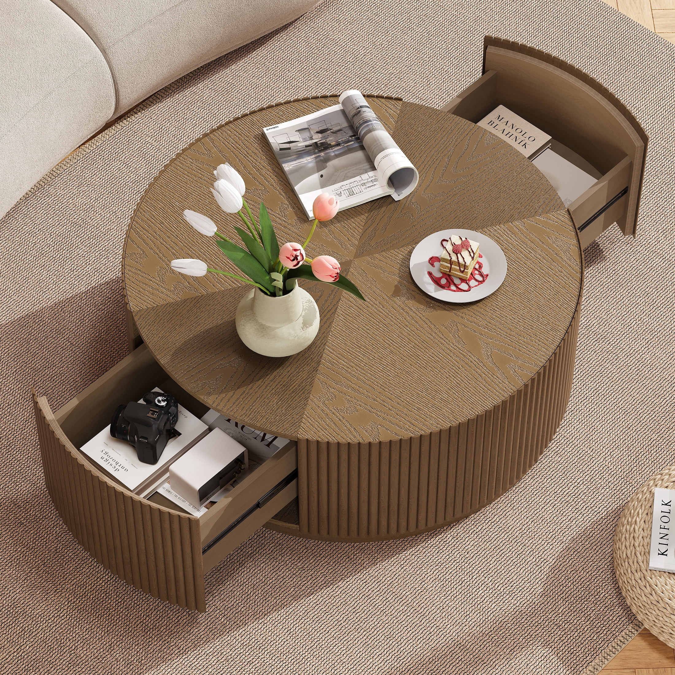 Gelloan 35" Round Coffee Table with Two Drawers，Circle Coffee Table Space-Saving Multiple Purpose for Living Room，Dining Room and Home,Brown