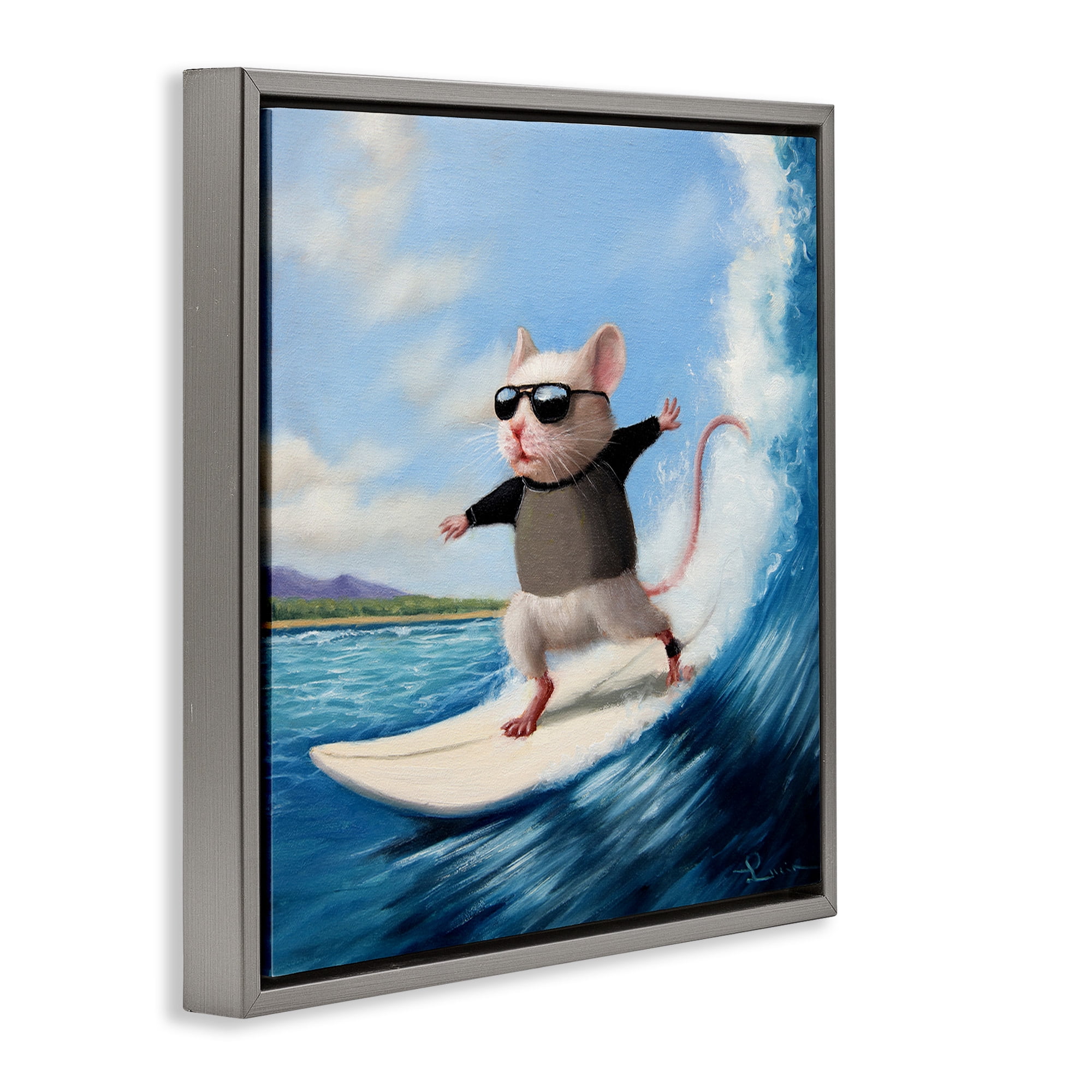 Stupell Industries Cool Surfer Mouse Blue Ocean Waves Animals & Insects Painting Gray Floater Framed Canvas Art Print Wall Art, 18 x 18