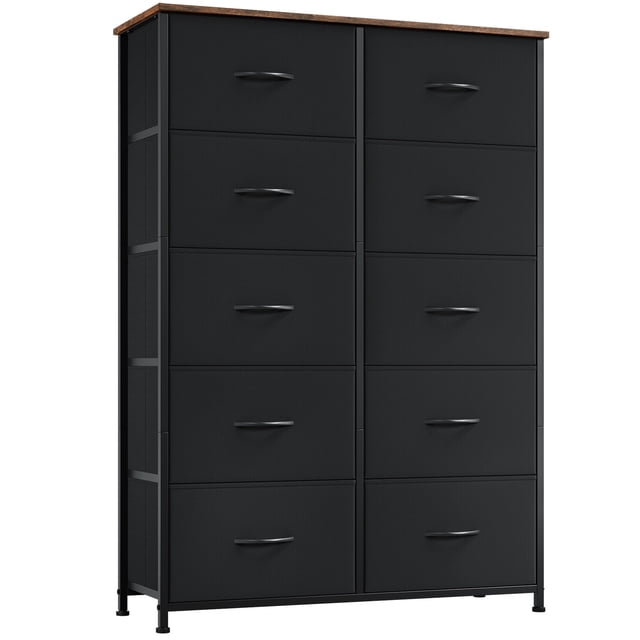 Somdot Tall 5-Tier 10 Removable Fabric Drawers Dresser for Living Room Bedroom, Black Rustic Brown