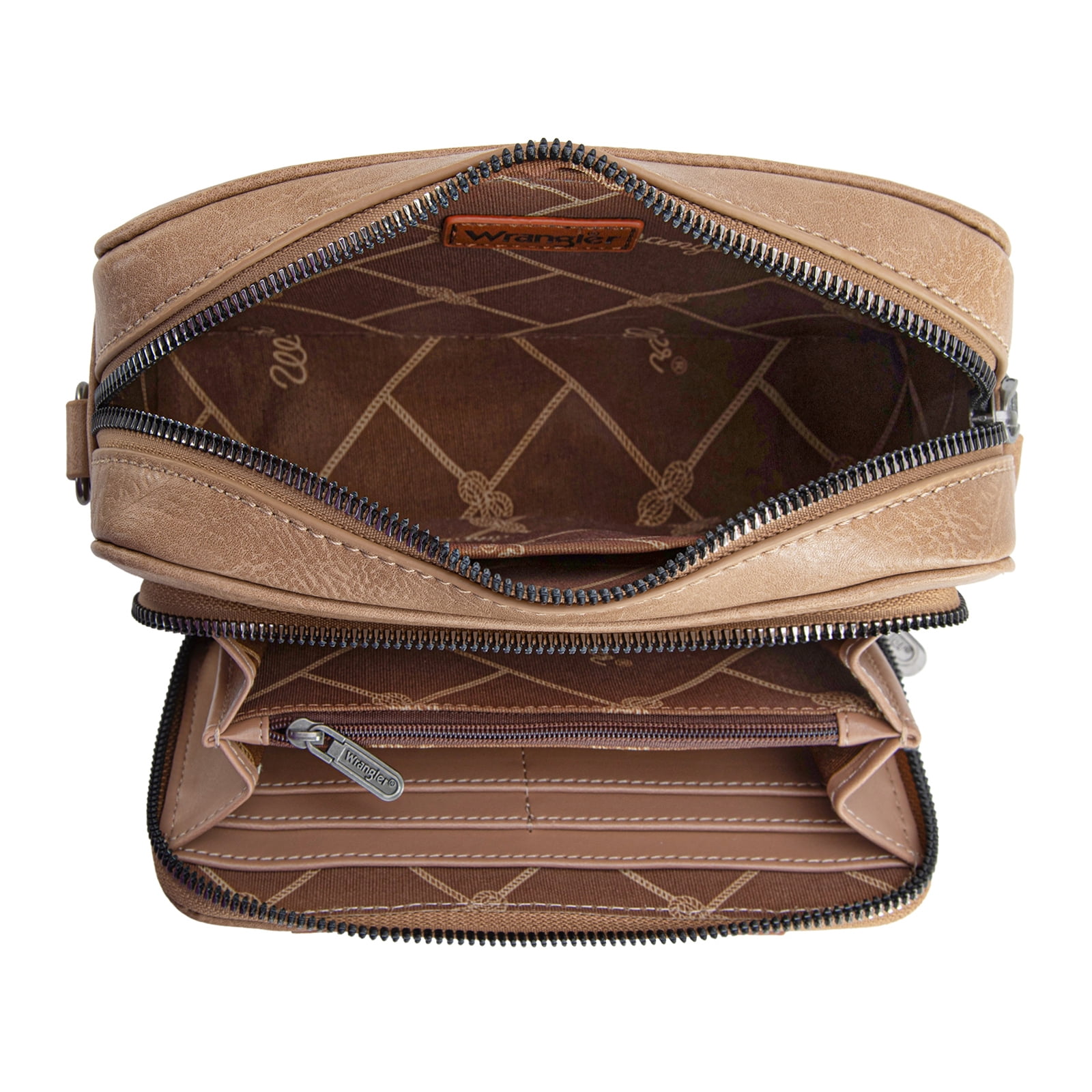 Wrangler Crossbody Bag for Women Vegan Leather Western Shoulder Purse Small Multi Pocket Crossbody Wallet Purse Crossover Bags with Adjustable Strap, Khaki