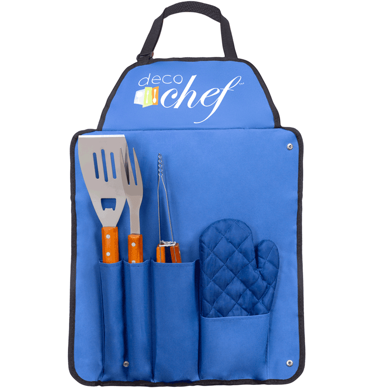 Deco Chef 5 Piece BBQ Tool Set, Custom Blue Apron, Stainless Steel Grilling  Utensils - Spatula, Fork, Tongs, and Oven Mitt