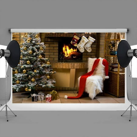 Image of HelloDecor 7x5ft Christmas backdrops Stove Christmas tree gift bag backdrops for christmas