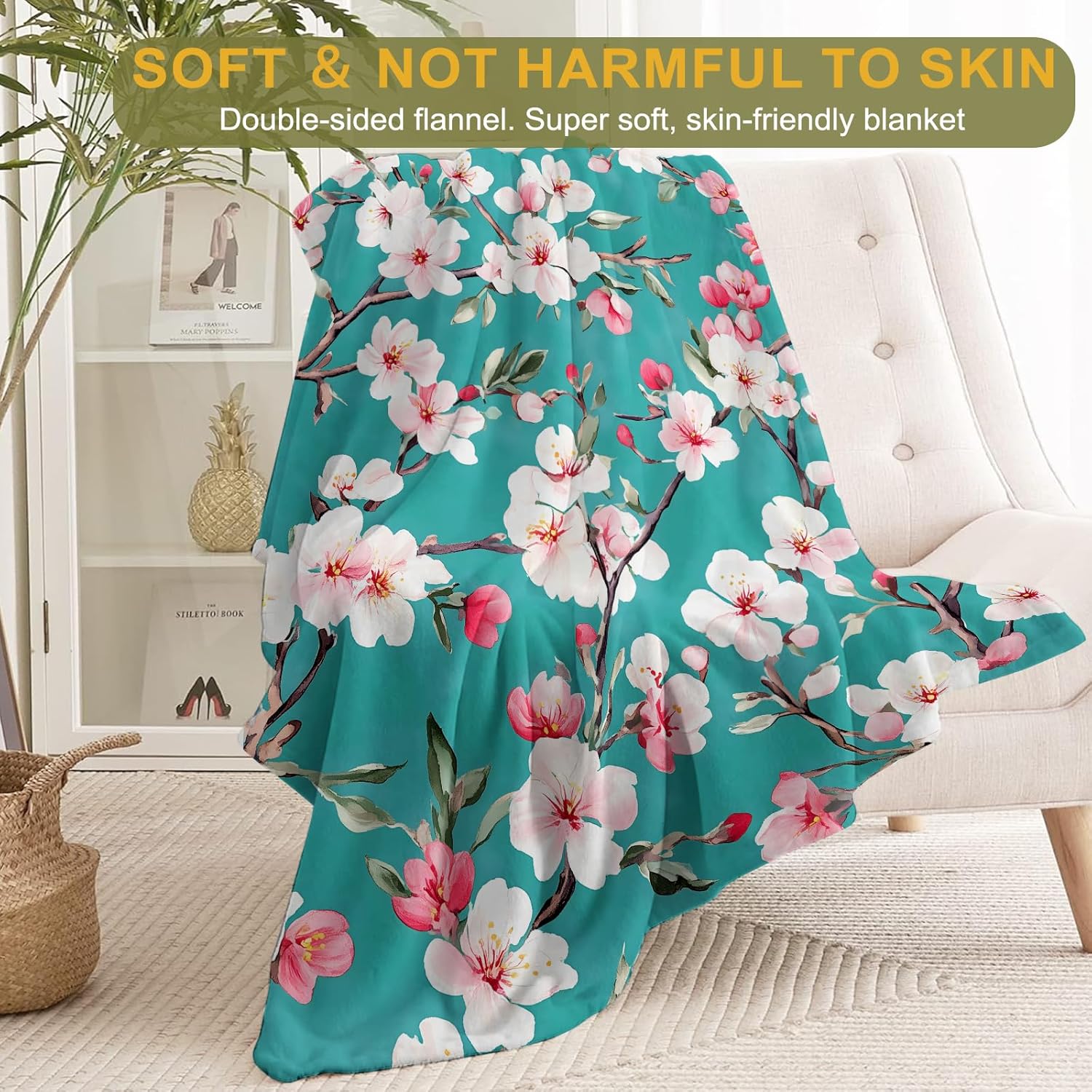 Cherry Blossom Branches Flannel Blanket - Lightweight Soft Cozy Unique Gifts Blankets for Floral Lovers,Users,Adult,Women, Elegant Teal Background Art Throw,Home Room Modern Decor 60x80in