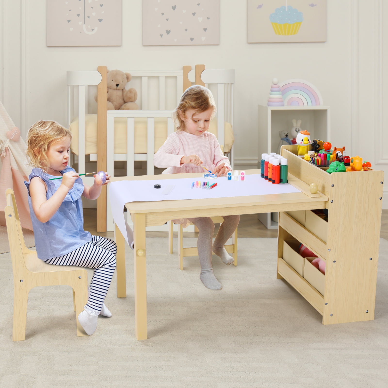 Pirecart Kids Art Table and 2 Chairs Toddler Craft Set Wooden Play Activity Drawing Table with 4 Storage Bins and Paper Roll