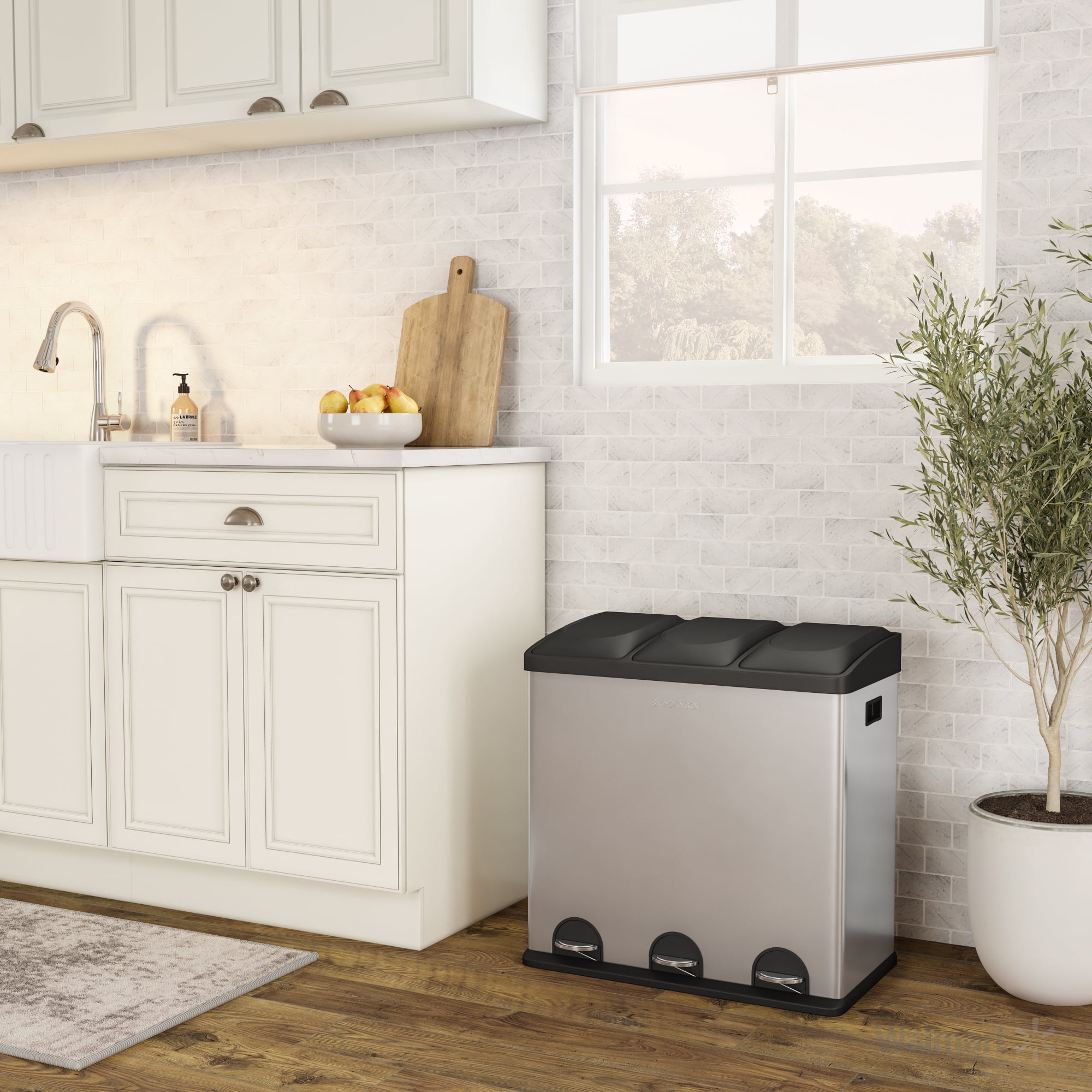 Step N' Sort Kitchen Trash Can, 16 Gallon Stainless Steel 3 Compartment Recycle Step Lid Garbage Bin, Silver