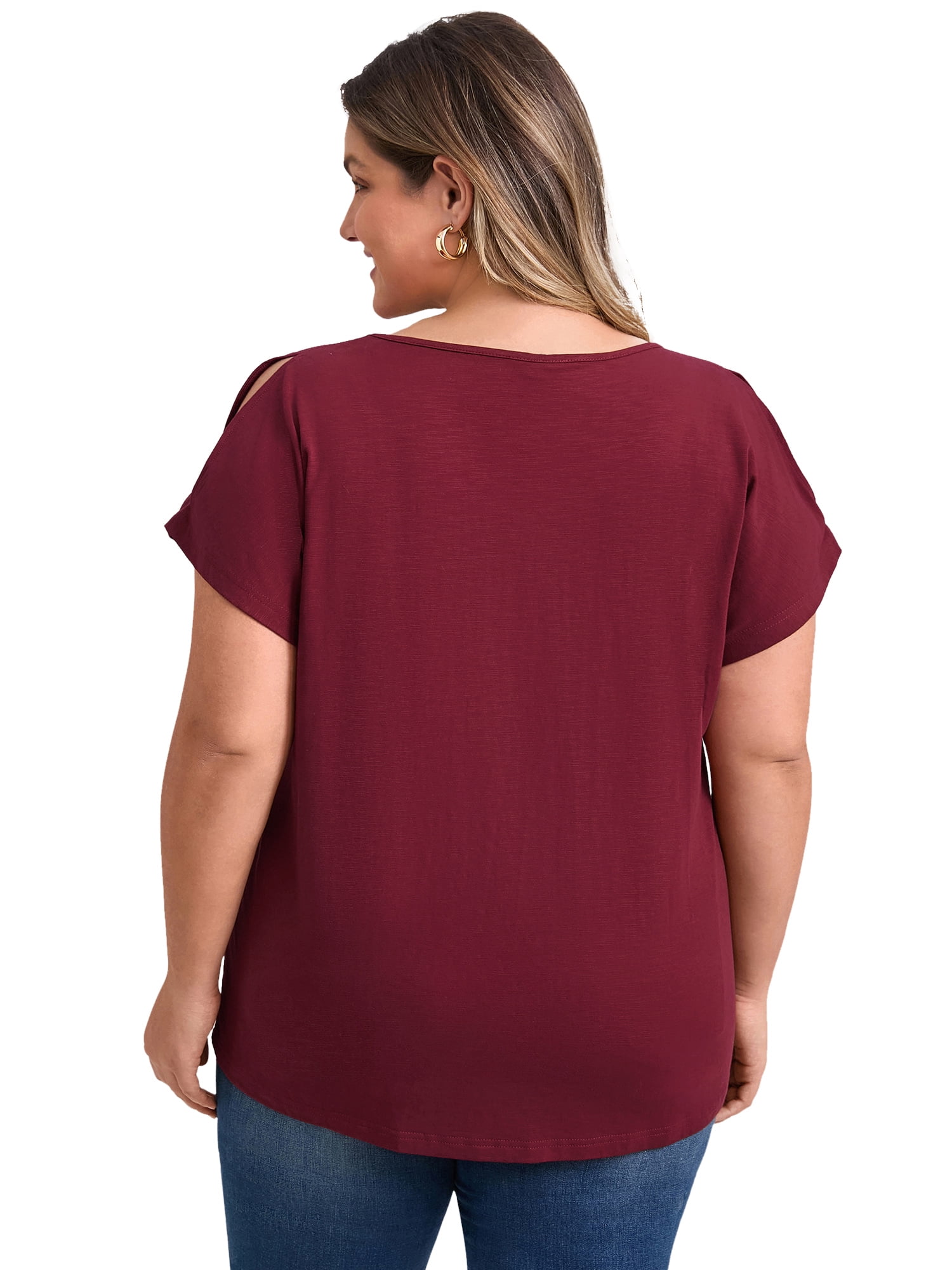 DARING DIVA Women's Plus Front Pleated V Neck Slit Sleeve Blouse 2X Dark Burgundy