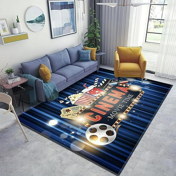 Blue Movie Area Rug, Home Theater Movie Theater Non Slip Living Room Rug, Stain Resistant Durable Carpet For Indoor Bedroom Office Decor Mat 3 x 5ft