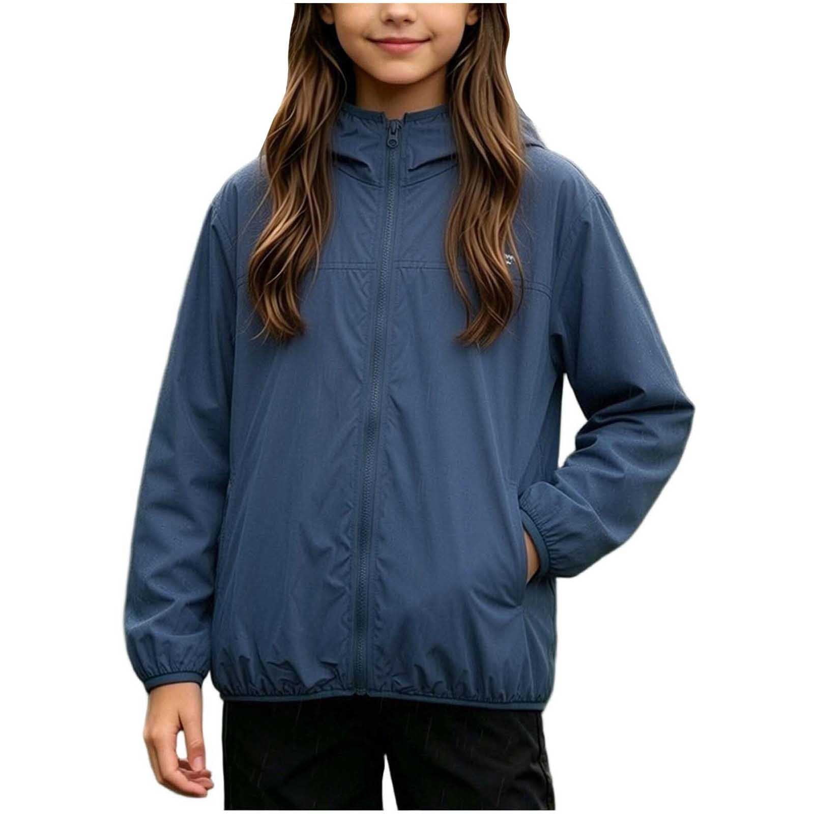 QSAWXQZ Girls Windbreaker Jacket Hooded Zip up Long Sleeve Pockets Lightweight Elastic Hem Rain Coat 9-10 Years