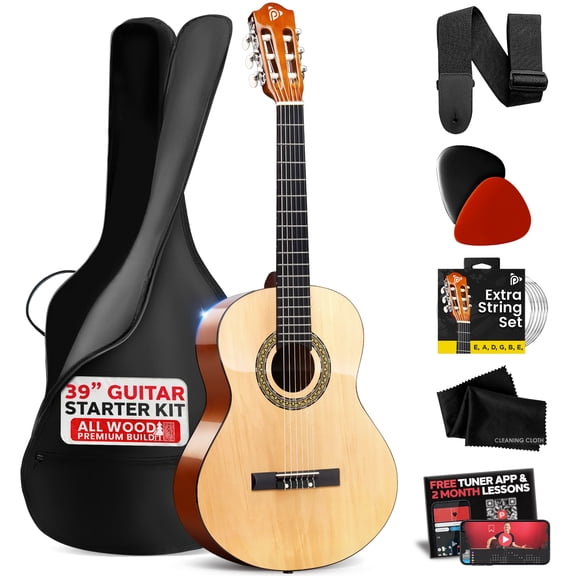 Pyle Beginner Acoustic Guitar Kit, 34" 1/2 Junior Size All Wood Guitar with Carry Case, Shoulder Strap, Picks, Cleaning Cloth, Tuner App & 2-Month Lessons