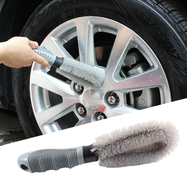 Cepillo para lavado de autos | Diseño en L para limpiar llantas y rines | Mango antideslizante para el cuidado y detallado del auto | Cepillo de fregado de plástico gris