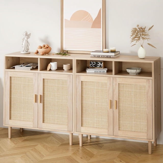 Set of 2 Sideboard Buffet Storage Cabinet, Rattan Kitchen Cabinet with 2 Doors/Shelf, Accent Modern Dining Living Room Entry Hallway Coffee Bar Furniture for Home Decor,36''H