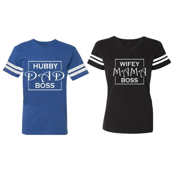 Hubs Dad Mama Boss Matching Couple Cotton Jerseys (Men Royal / Women Black) (Men S / Women S)