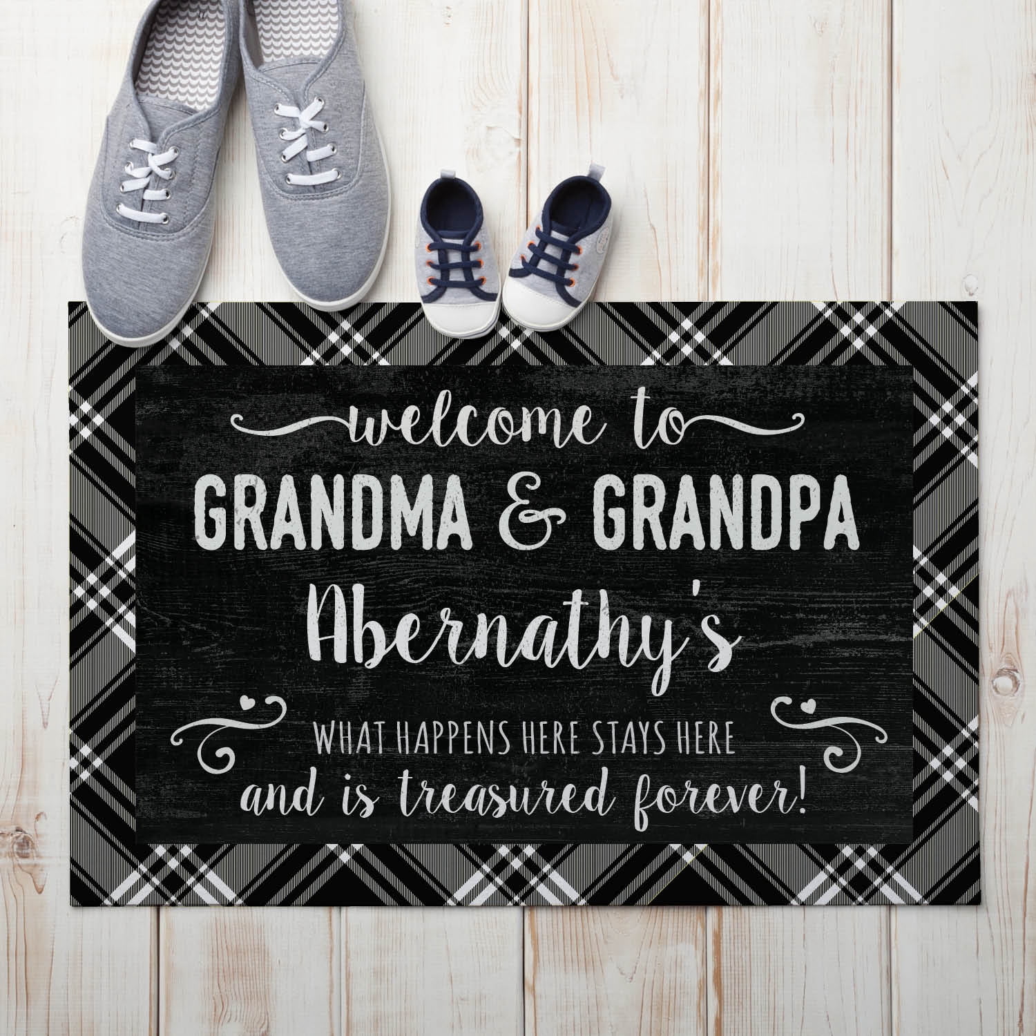 Personalized Planet 27x18 Treasured Forever Welcome to Grandma and Grandpa Doormat with Custom Family Name Printed on Black Rectangular 1/8” Thick Non Slip Mat for Kitchen Hallway Deck or Porch