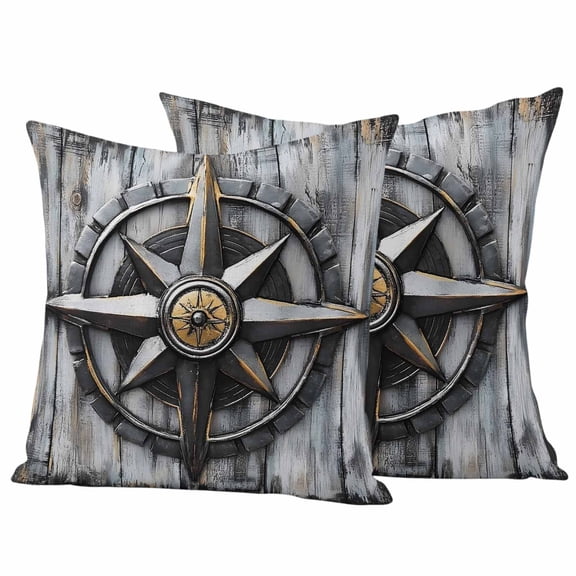 Vintage Coastal Outdoor Waterproof Pillow Covers, Nautical Ocean Summer Beach Compass Decorative Square Throw Pillowcase Sofa Cushion Sham for Patio/Couch/Chair, 18"x18" 2 Pack