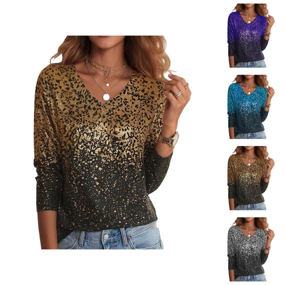 Mardi Gras Long Sleeve Tops for Woman 2026 Trendy Glitter Sparkle V Neck Carnival Tshirt Shirt Going out Top