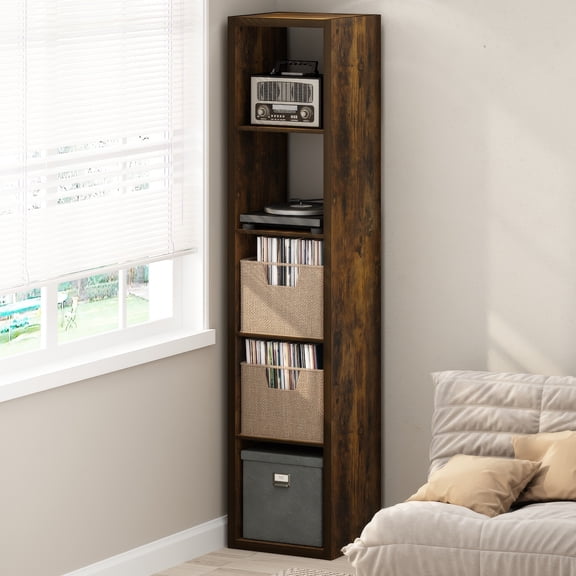 Furinno CUBICLE Vintage Vinyl Record Media Storage Organizer 5-Cube Amber Pine