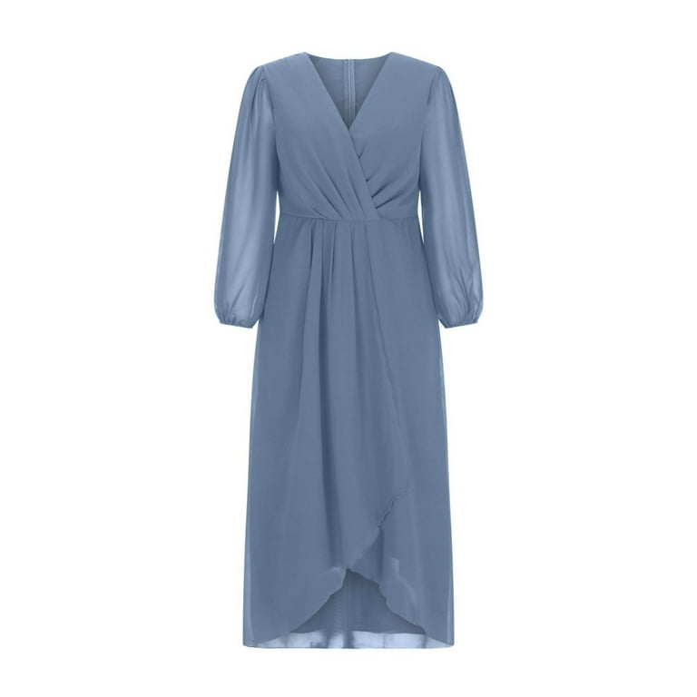 Mrat Women's Chiffon Midi Dress V Neck 3/4 Sleeve Pleated Dress Irregular  Hem Flowy Midi Length Wedding Guest Dress S-177 Blue XL - Walmart.com