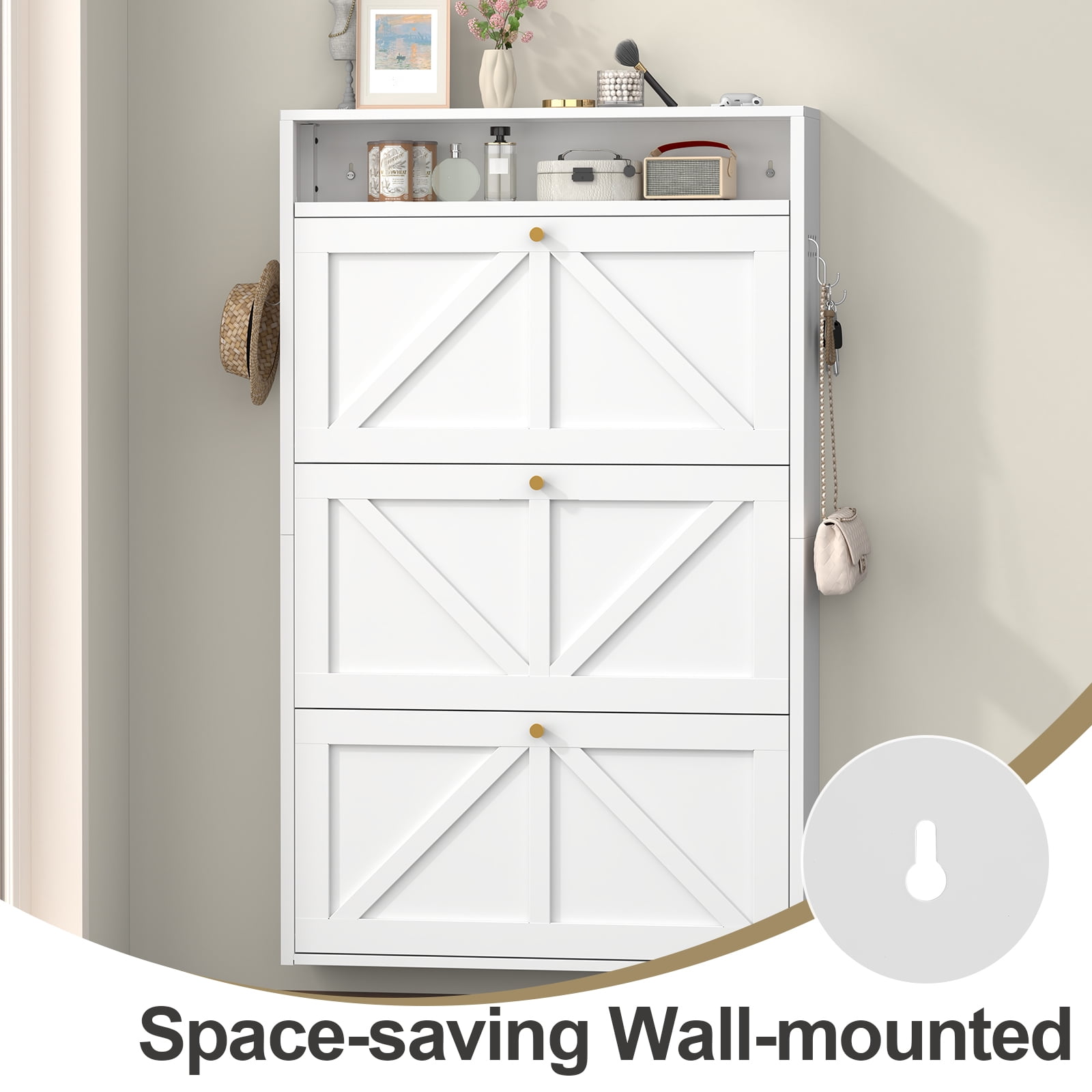 Aisword Modern Metal Shoe Cabinet with 3 Flip Drawers & Open Shelf,Narrow Slim Wall-Mounted Hidden Shoe Organizer Shoe Rack for Entryway,White