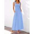 thumbnail image 2 of Light Blue Womens Smocked Square Neck Sleeveless Eyelet Lace Cotton Maxi Dress For Spring Summer Beach, 2 of 6