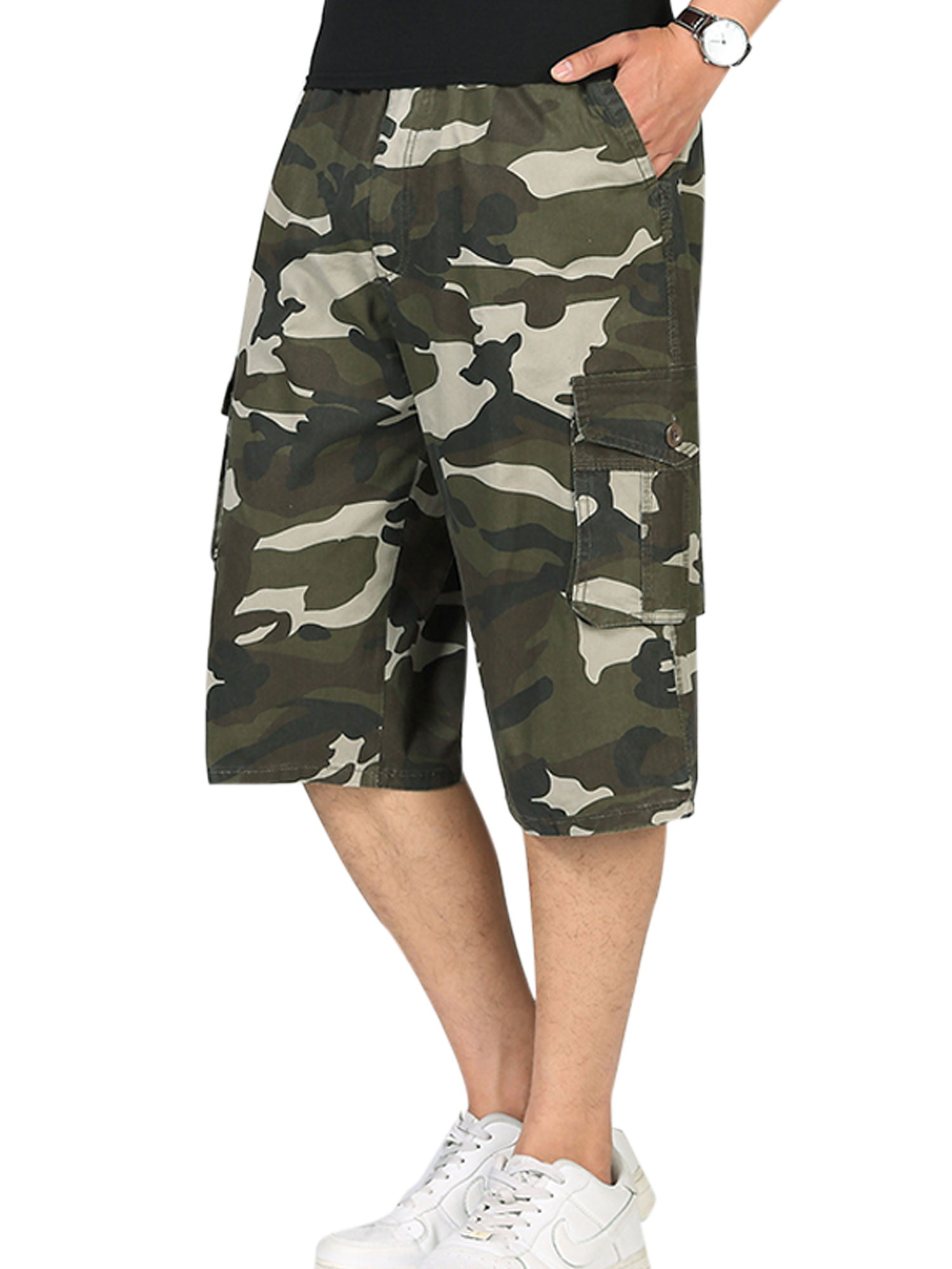 Mens Army Elasticated Waist Long 3/4 Shorts Military Cargo Combat Pants Camo 