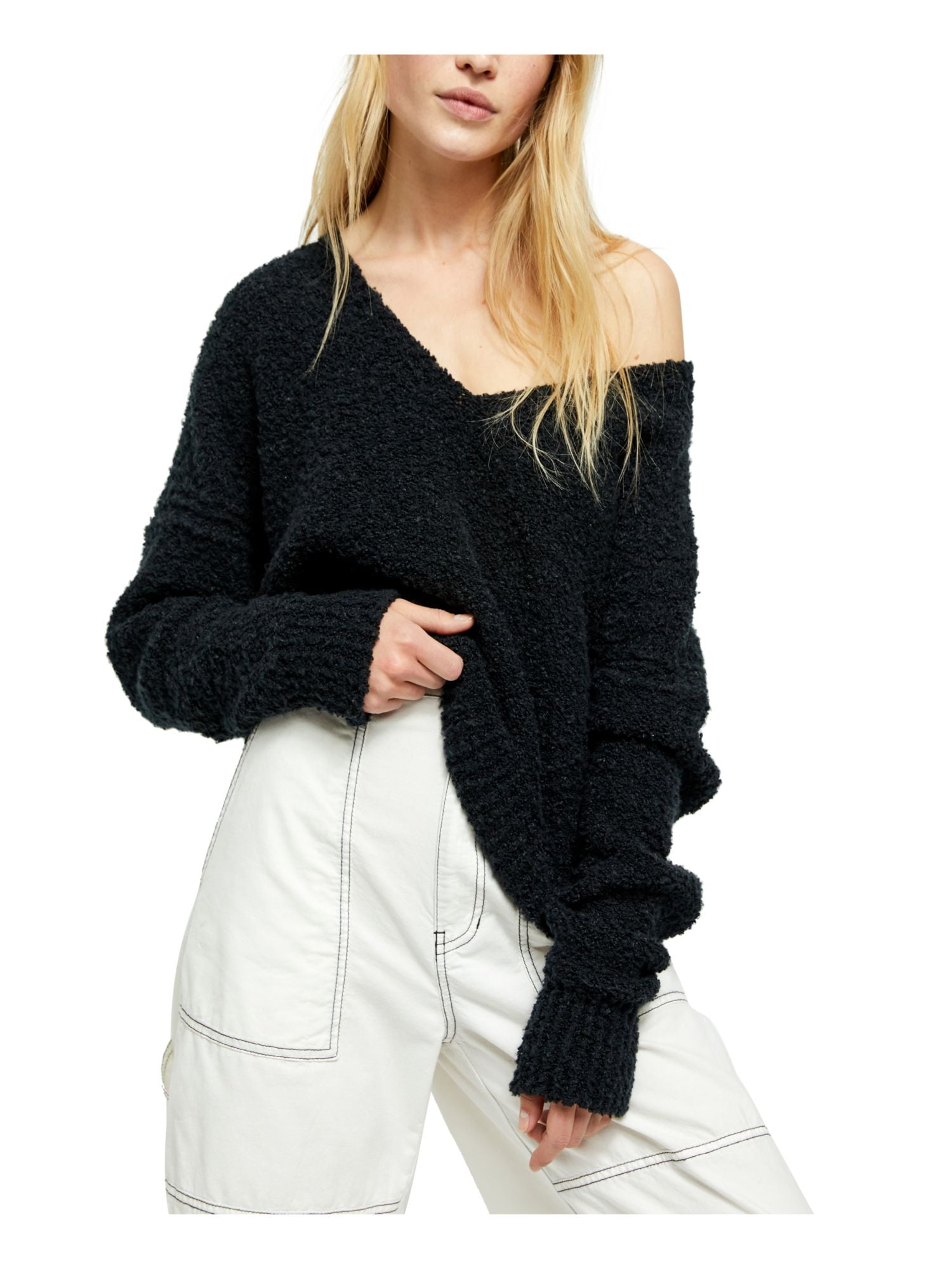 FREE PEOPLE Womens Black Long Sleeve V Neck Sweater Size: L - Walmart.com