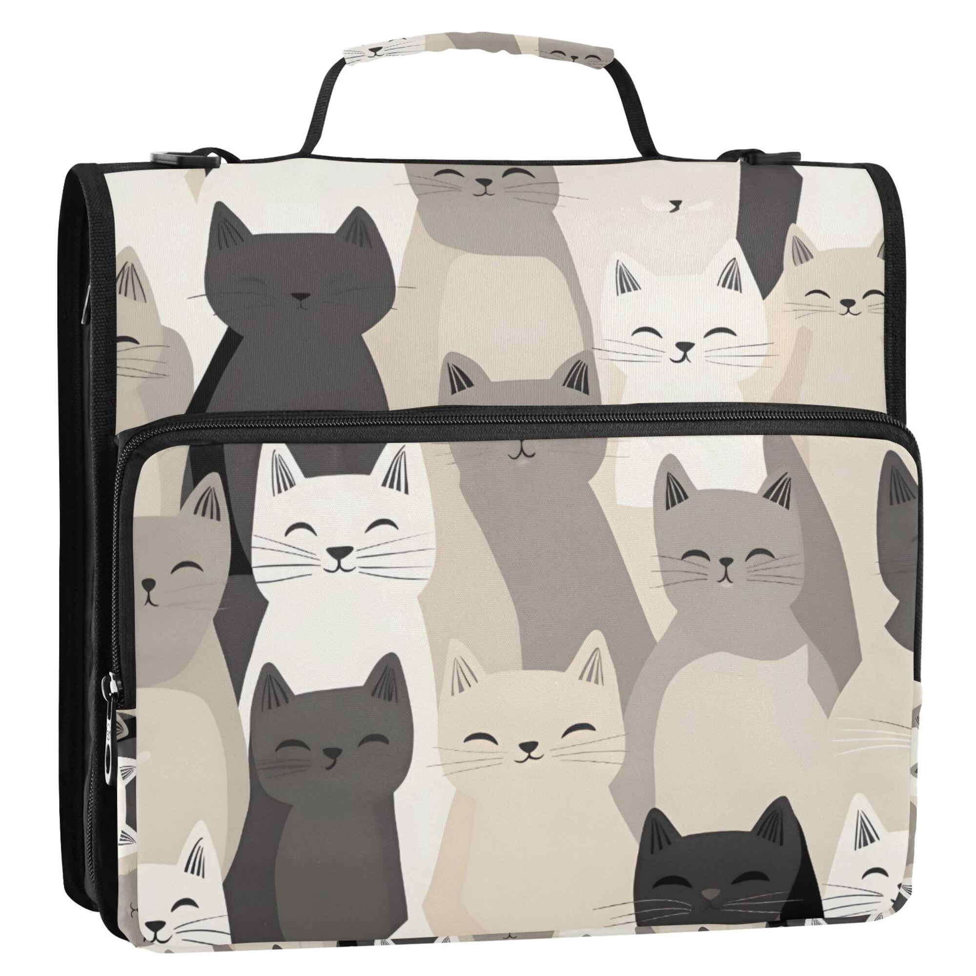 FORMRS Zipper Binder with Shoulder Strap 2-inch Ring 500 Sheet Capacity File Bag, Beige Cute Cats