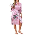 thumbnail image 2 of Womens Satin Robes Floral V-Neck 3/4 Sleeve Bride Bridesmaids Nightgown Peacock Print Bathrobe 2XL Pink, 2 of 5
