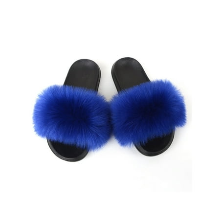 

Fangasis Ladies Fluffy Slides Furry Slipper Faux Fur Fuzzy Slippers Women Shoe Indoor Breathable Color Block Home Shoes Royal Blue 10.5-11