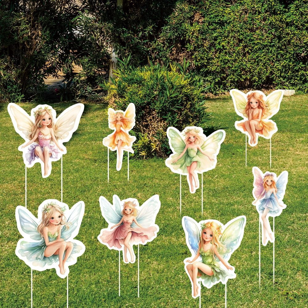 8PCS Fairy Yard Signs Plastic Garden Stakes Baby Shower Party Decoration Lawn Signs Butterfly Fairy Yard Stakes Outdoor Spring Fairy Decorations