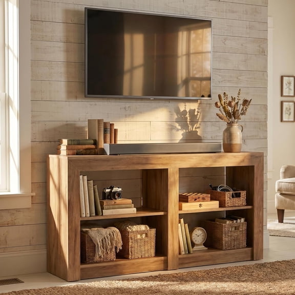 Finmind 3-Tier TV Stand, Wooden Entertainment Center for 50-65 Inch TV, Living Room, Bedroom, Oak
