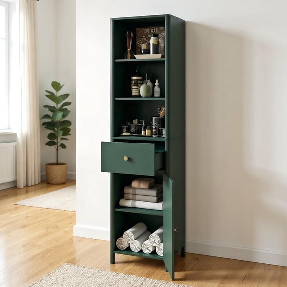 GVN 67 Inch Tall Bathroom Cabinet Narrow Slim Floor Cabinet with Fluted Door for Bathroom Vanity Toiletries Towels Small Space Organizer, Green