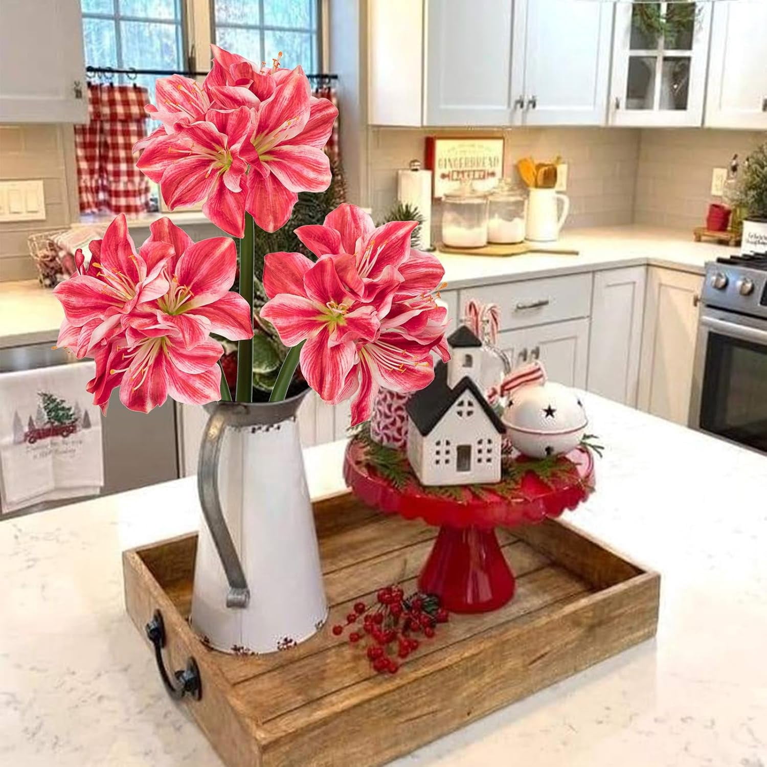 Briful 3PCS Amaryllis Artificial Flowers 17.3 Inch Faux Amaryllis Flowers Stems with 4 Heads Silk Floral Bouquet for Home Room Table Centerpiece Wedding Party Arrangements(Light Red)