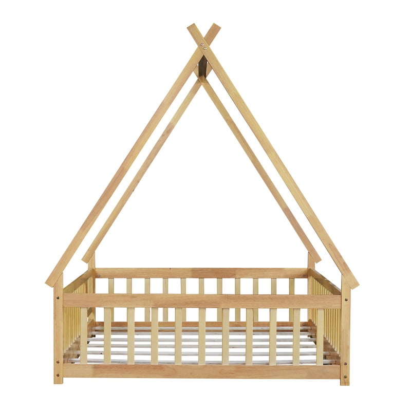 Full Size House Floor Bed, Wood Montessori Bed Frame with Fence Guardrails, House Beds Frame No Box Spring Needed（Full, Natural)