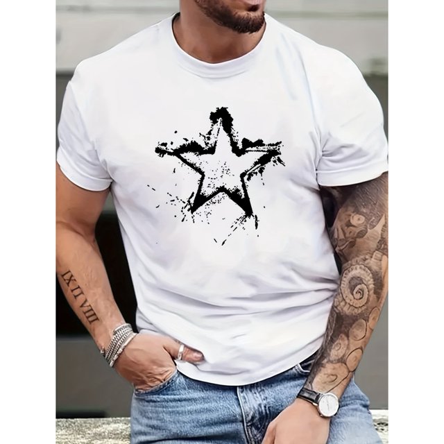 Mens Fashion Star Print T-Shirt - Soft Crew Neck, Lightweight Short Sleeves, Ultra-Comfortable & Breathable - Perfect Summer Trendy Top, Casual Sporty Tee, Summer Gifts
