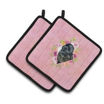 Carolines Treasures CK4163PTHD Newfoundland Pink Flowers Pair of Pot Holders 7.5HX7.5W multicolor