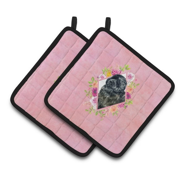 Carolines Treasures CK4163PTHD Newfoundland Pink Flowers Pair of Pot Holders 7.5HX7.5W multicolor