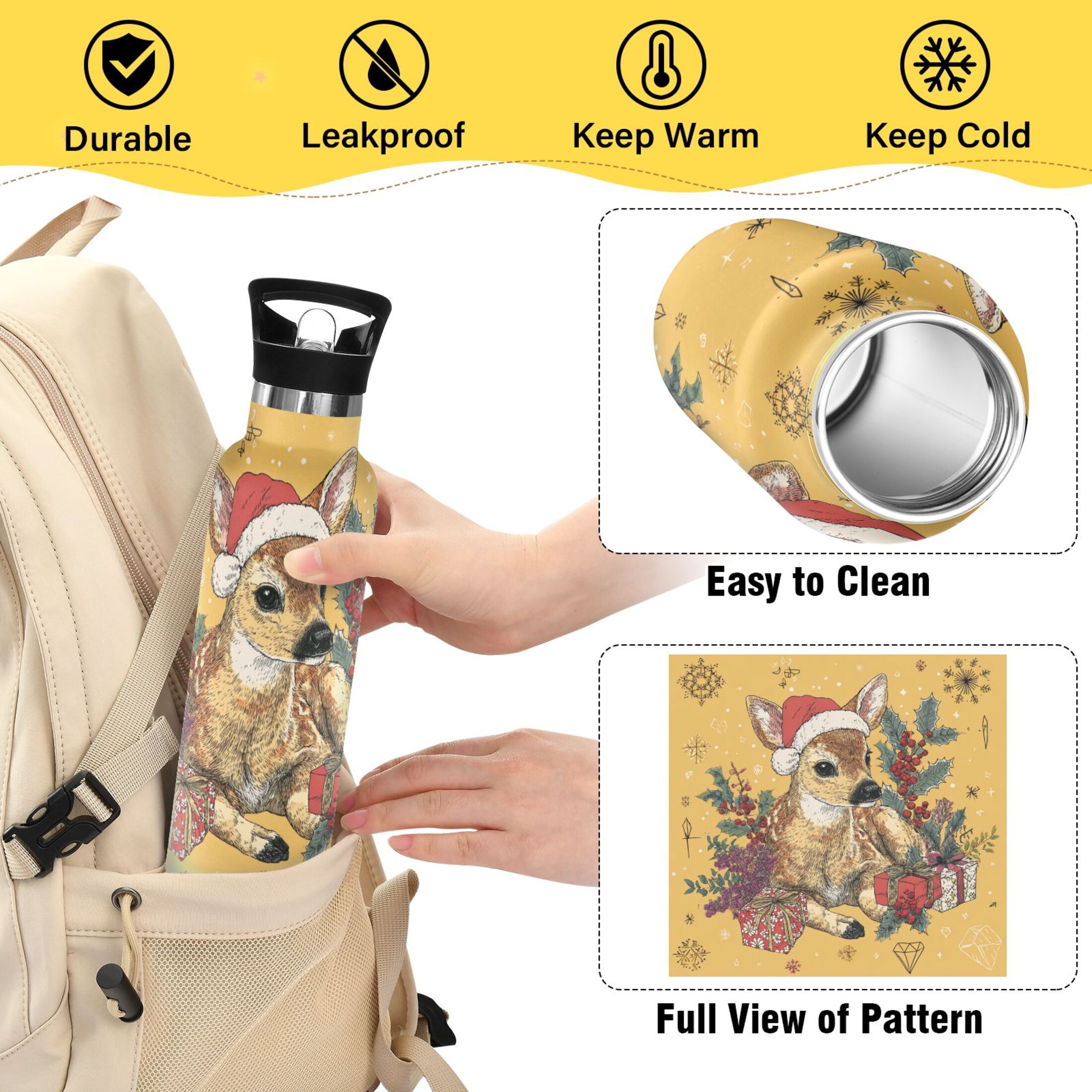 600ML Stainless Steel Insulated Cup Sports Water Bottle Portable Thermos Cup Water Glasses Insulated Tumblers Convenient and Durable Warm Christmas Cute Deer