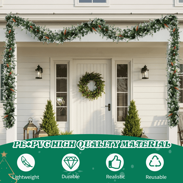 2-Pack 9FT Pre-Lit Snow Flocked Christmas Garlands, 440 Branch Tips, 200 Warm White LEDs for Indoor/Covered Outdoor (Mantel/Staircase)