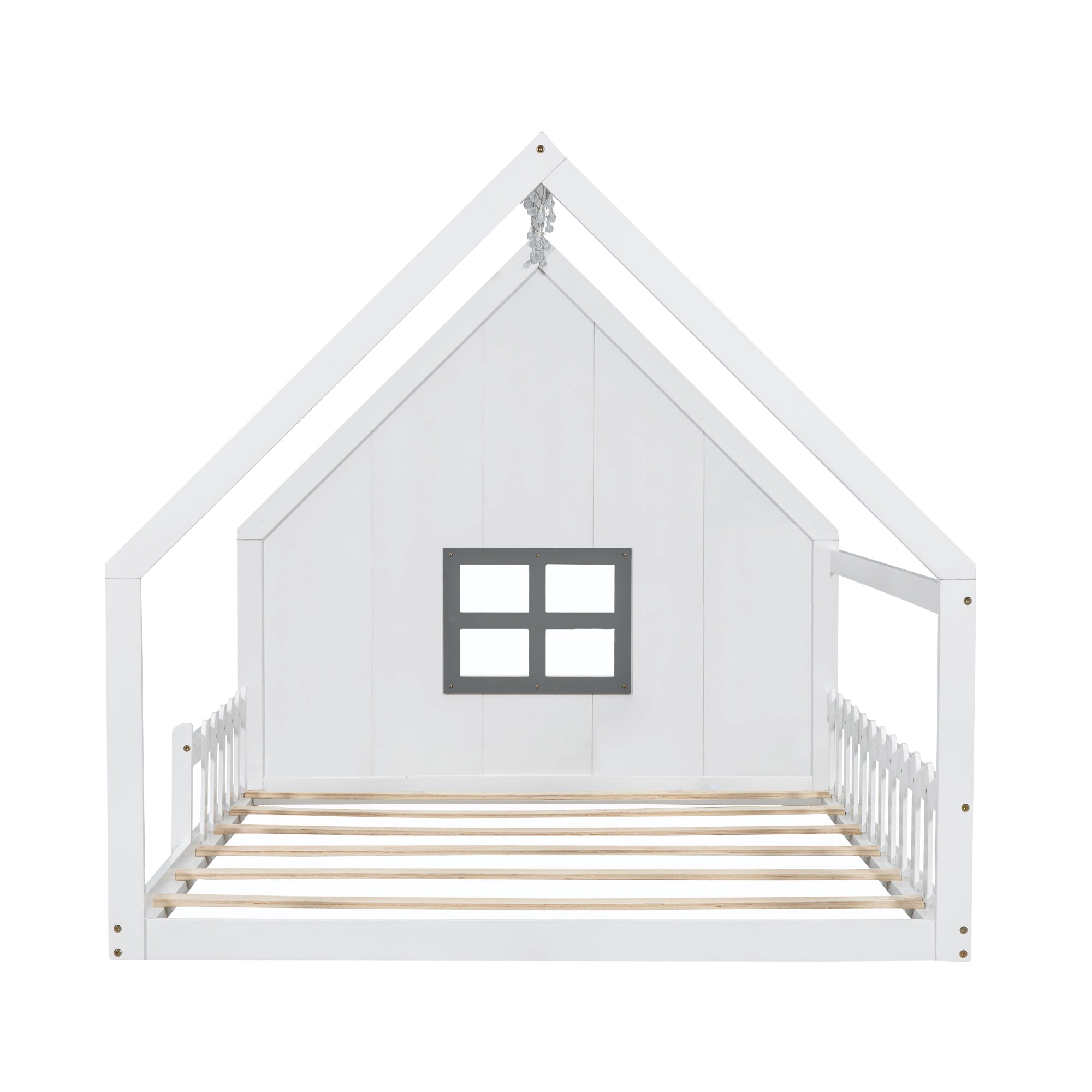 Bellemave Full Size House Bed with LED Light and Fence, Wooden Montessori Floor Bed with Window, No Box Spring Required (White)