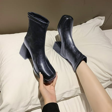 

ZMHEGW Boots For Women Ankle Autumn And Winter Comtable Solid Color Simple Square Toe Square Heel Slip On Boots Shoes