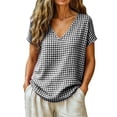 thumbnail image 4 of Josdec Women's Spring Summer Gingham Checkered V-Neck Short Sleeve Casual Loose T-Shirt Top for Business and Casual Daily Wear S-XXL, 4 of 8