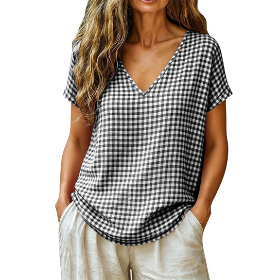 MaFYtyTPR Women's V-Neck Plaid Blouse Solid Short Sleeve Loose Fit Checkered Tops for Summer Daily Casual Wear Black L