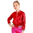 thumbnail image 3 of YIZYIF Kids Shiny Metallic Bomber Jacket Boys Girls Long Sleeve Zip Up Baseball Coat Casual Dance Wear Red 16, 3 of 7