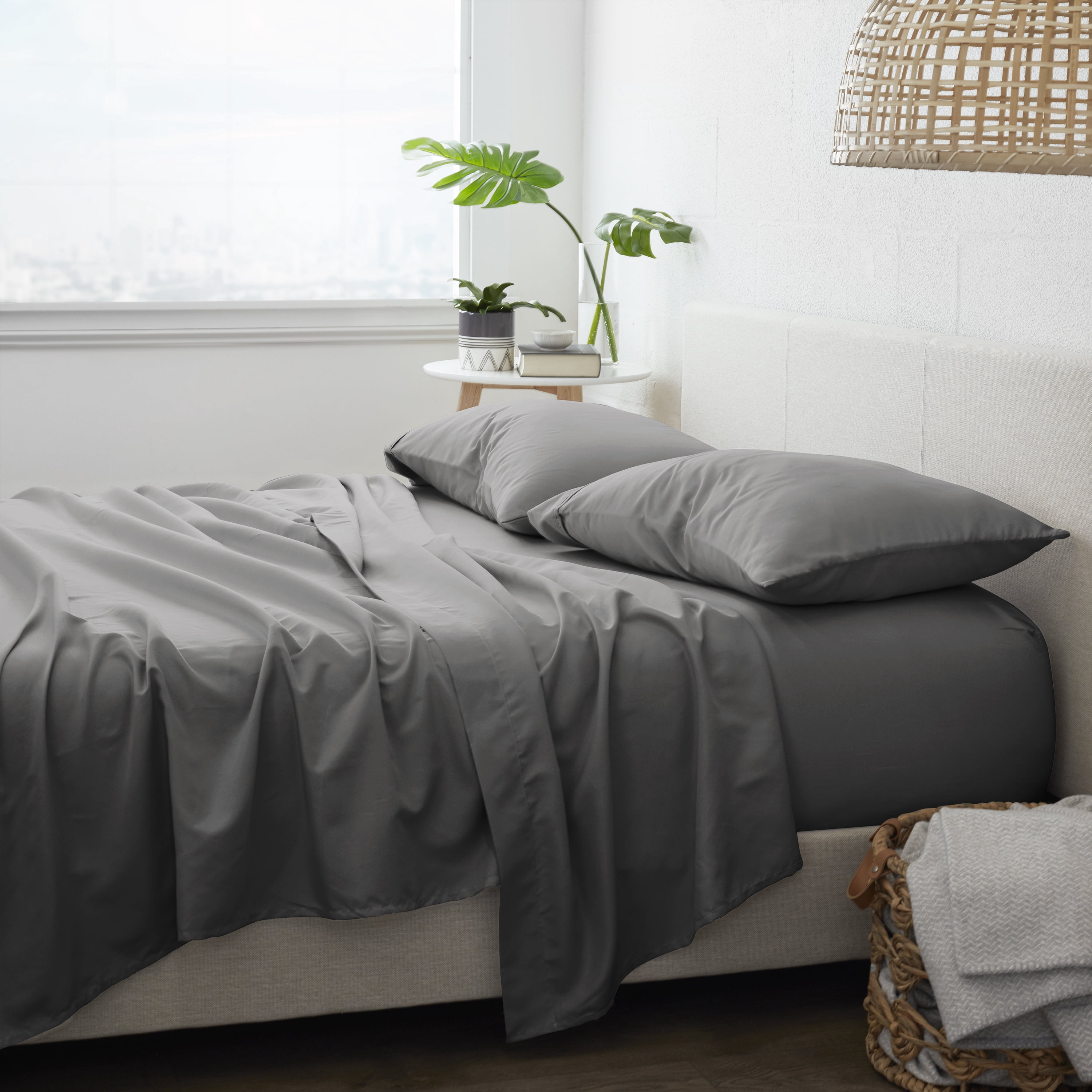 Noble Linens 4 Piece Solid Microfiber Bed Sheet Set, Gray, King