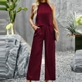 thumbnail image 4 of Women's 2 Piece Outfits Clearance Women's Fashion Casual Spring And Summer Solid Color Round Neck Sleeveless Blouse Tops Wide Leg Pants, 4 of 5