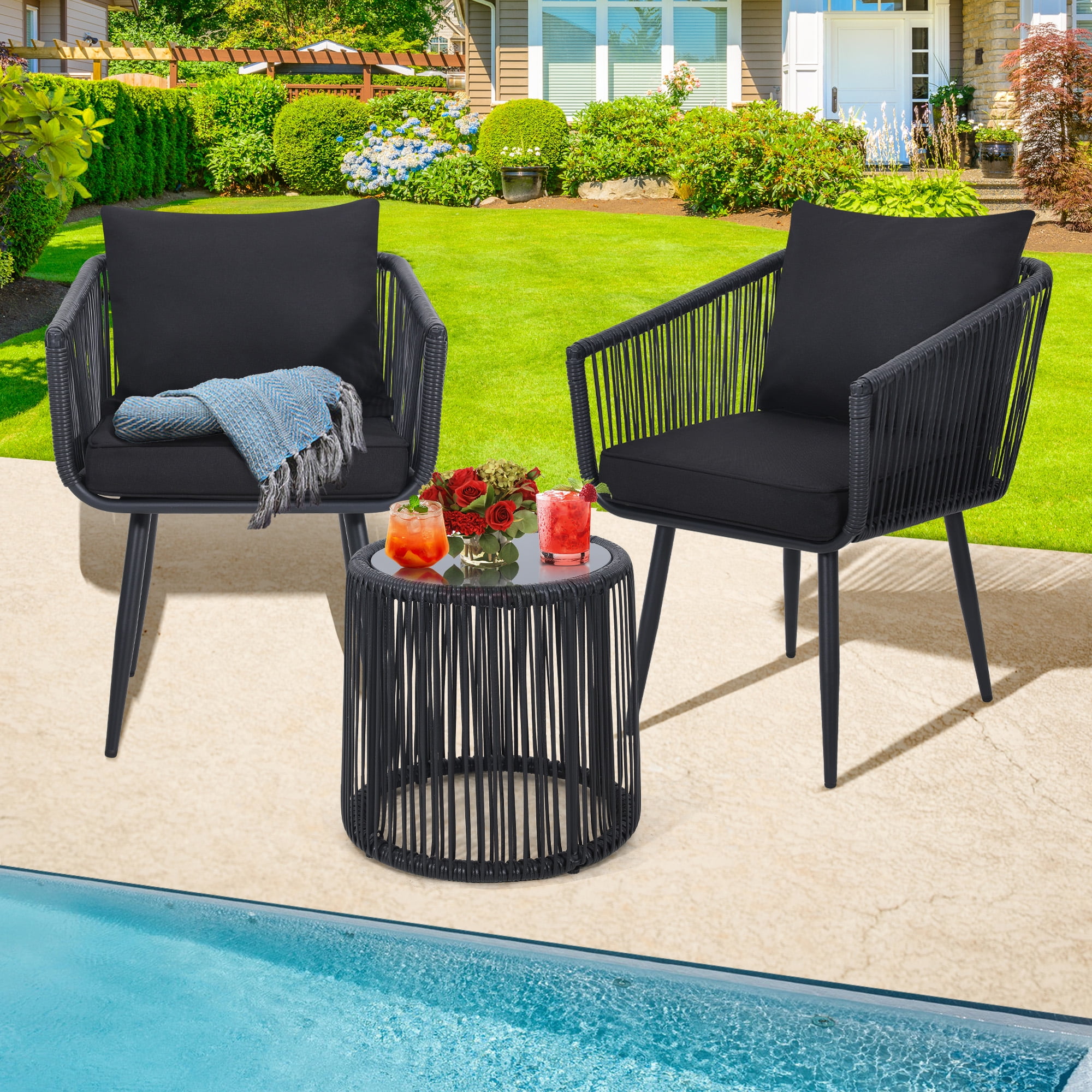 LOGYAT 3 Piece Patio Rattan Bistro Conversation Set, Outdoor All Weather Wicker Furniture Chair Set with Glass Tabletop for Balcony, Porch and Backyard, Black